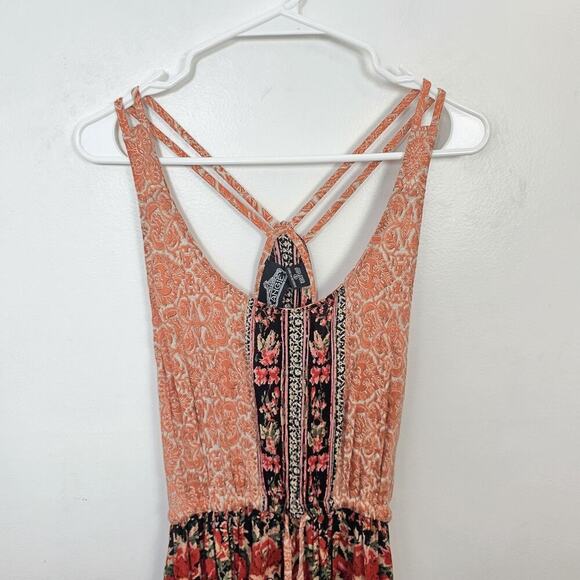 Angie Orange Black Multicolor Floral Boho Hippie Racerback Maxi Dress Size Small - Picture 2 of 6